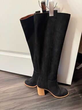 Vici Black Suede Knee-High Boots with Tan Block Heel 3.5 inch